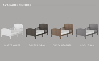 Four Hampton Toddler Beds by Child Craft are shown side by side in Matte White, Dapper Gray, Dusty Heather, and Cool Gray finishes, each with guard rails, on a light gray background under the title "Available Finishes.