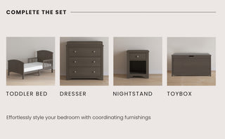 Four matching dark wood pieces are shown: the Child Craft Hampton Toddler Bed in Dapper Gray (fits a crib mattress), 3-drawer dresser, nightstand with shelf and drawer, and a toybox. Text reads Complete the set and describes bedroom styling.