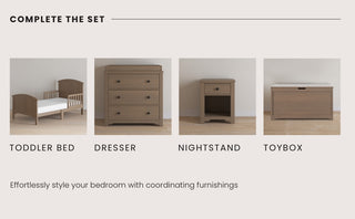 Four matching wood pieces, including the Child Craft Hampton Toddler Bed in Dusty Heather, dresser, nightstand, and toybox, are arranged in a row with labels to showcase a coordinated bedroom set.