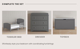 Displayed are three gray nursery pieces: the Child Craft Hampton Toddler Bed in Cool Gray with guard rails and slatted sides, a matching three-drawer dresser, and a rectangular toybox, all set on light wood floors against pale walls.