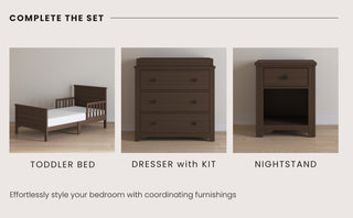 Child Craft Woodland Toddler Bed in Brushed Truffle shown with matching dresser with changing kit and nightstand, all in a three-piece bedroom set, displayed against a light background.