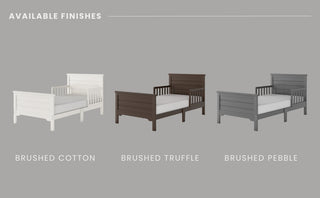 Three Child Craft Woodland Toddler Beds are side by side on a gray background, each in a different finish—white (Brushed Cotton), dark brown (Brushed Truffle), and gray (Brushed Pebble)—and all fit a standard crib mattress.