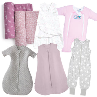The HALO Grow With Me Bundle offers a bamboo wearable blanket, pink and gray blankets, organic cotton swaddles, a pink footed onesie, gray and mauve sleep sacks, plus gray star-patterned sleepwear with legs for babies.