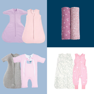 A collage featuring the HALO Grow With Me Bundle: pink and gray sleepsacks, floral organic cotton swaddle blankets, a pink baby sleep suit, and patterned sleep sacks on colorful backgrounds.