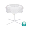 The HALO BassiNest® Twin Sleeper is a white baby bassinet with mesh sides and a sturdy four-legged base, ideal for twins or single use. Features the “Baby Safety Alliance Verified” badge in the bottom right corner.