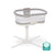 A HALO BassiNest® Luxe Swivel Sleeper Bassinet in gray and white with mesh sides and a white swivel base is shown beside a Baby Safety Alliance Verified badge.