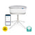 The HALO BassiNest® Connected Swivel Sleeper 3.0, a white and gray smart bassinet on a tripod base, is shown next to a smartphone with the soothing center app featuring AutoSoothe technology. Awarded Best for Baby 2023 and Baby Safety Verified badges.