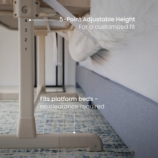 Adjustable height mechanism for a platform bed with text indicating customizable fit and no clearance required.