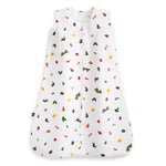 The HALO Eric Carle The Very Hungry Caterpillar 100% Cotton Wearable Blanket TOG 0.5 is a white sleep sack with colorful food, animal, and sun prints, inspired by the classic storybook, and features a handy front zipper.