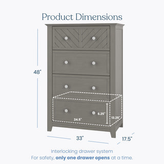 The Child Craft Atwood 4-Drawer Chest in Lunar Gray is shown with dimensions of 48"H x 33"W x 17.5"D, perfect for a nursery. One main drawer measures 24.5"W x 6.25"H x 13.25"D.
