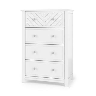 The Child Craft Atwood 4-Drawer Chest in Matte White features a chevron-patterned top drawer and three plain drawers, all with round silver knobs—ideal baby furniture for stylish storage in the nursery.