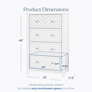The Child Craft Atwood 4-Drawer Chest in matte white measures 48"H x 33"W x 17.5"D. The spacious bottom drawer is 24.5"W x 13.25"H x 6.25"D—modern baby furniture perfect for any nursery or room.