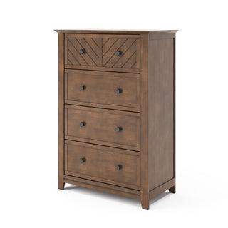 The Child Craft Atwood 4-Drawer Chest in Cocoa Bean features a medium brown finish, four roomy drawers, and a chevron-patterned top drawer with black knobs—modern nursery storage set against a white background.