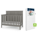 The Child Craft Atwood 2-Piece Crib and DreamWeave Set in Lunar Grey features a chevron headboard crib next to an upright HALO DreamWeave breathable crib mattress with baby image and GREENGUARD label on the package.