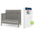 The Child Craft Atwood 2-Piece Crib and DreamWeave Set in Lunar Grey features a chevron headboard crib next to an upright HALO DreamWeave breathable crib mattress with baby image and GREENGUARD label on the package.