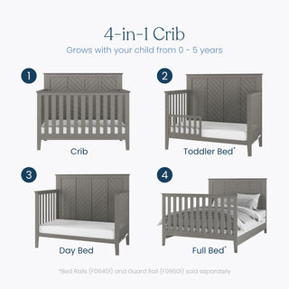 Image of the Child Craft Atwood 2-Piece Crib and DreamWeave Set in Lunar Grey, shown converting from crib to toddler bed, day bed, and full bed. Numbered images show it grows with your child from birth to age 5.