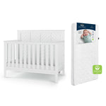 The Child Craft Atwood 2-Piece Crib and DreamWeave Set in matte white is displayed, featuring a chevron panel crib beside a HALO DreamWeave breathable crib mattress with packaging that shows a smiling baby.