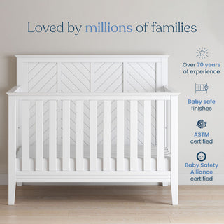 The Child Craft Atwood 2-Piece Crib and DreamWeave Set in Matte White features baby-safe finishes, is ASTM certified, backed by 70+ years of experience, loved by millions, and includes the breathable HALO DreamWeave mattress.