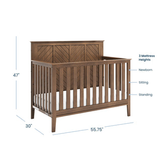 The Child Craft Atwood 2-Piece Crib and DreamWeave Set in Cocoa Bean features a wooden crib with slatted sides, decorative headboard, three mattress heights, and includes the HALO DreamWeave breathable crib mattress. Measures 47"H x 30"D x 55.75"W.