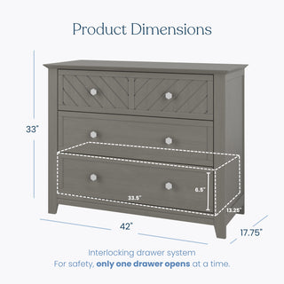 The Child Craft Atwood 3-Drawer Dresser in Lunar Gray offers spacious storage and measures 33"H x 42"W x 17.75"D. Pair with a changing table topper for versatile nursery organization.