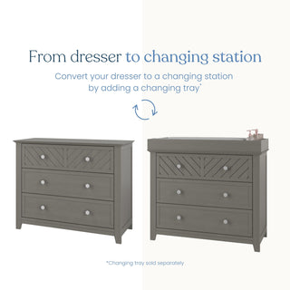 Side-by-side images of the Child Craft Atwood 3-Drawer Dresser in Lunar Gray: one plain, one with a changing table topper and nursery items, showing how this dresser easily converts into a functional changing station.