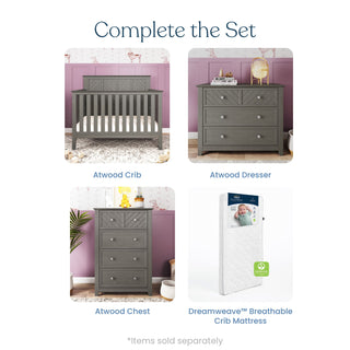 Four nursery items are shown: an Atwood crib, Child Craft Atwood 3-Drawer Dresser in Lunar Gray with panel detailing, a chest, a changing table topper, and a white Dreamweave breathable mattress. Walls are pink with white wainscoting. Text: Complete the Set.