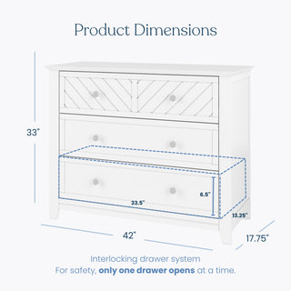 The Child Craft Atwood 3-Drawer Dresser in Matte White features spacious storage for a nursery. It measures 33" H x 42" W x 17.75" D, with a roomy drawer interior of 33.5" W x 6.5" H x 13.25" D.