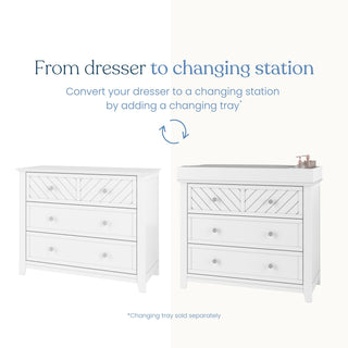 On the left is a white wooden nursery dresser; on the right, the Child Craft Atwood 3-Drawer Dresser in Matte White is shown with a changing tray and baby care items—demonstrating conversion to a changing station. Changing tray sold separately.