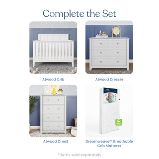 Four nursery items are shown: an Atwood crib, Child Craft Atwood 3-Drawer Dresser in matte white with optional changing topper, Atwood chest, and Dreamweave breathable crib mattress. Furniture is white; items sold separately.