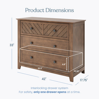 The Child Craft Atwood 3-Drawer Dresser in Cocoa Bean is a sturdy baby dresser (33"H x 42"W x 17.75"D) with a safety mechanism that lets only one drawer open at a time—perfect for use with a changing table topper.