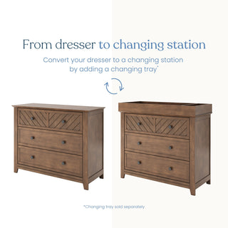 The Child Craft Atwood 3-Drawer Dresser in Cocoa Bean is shown alone, then topped with a changing table to create a nursery station. Text: From dresser to changing station. Changing table topper sold separately.