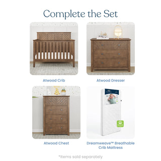 Complete the Set title above a 2x2 grid of baby nursery furniture: Atwood Crib, Child Craft Atwood 3-Drawer Dresser, Cocoa Bean with changing table topper, Atwood Chest, and DreamWeave™ Breathable Crib Mattress.