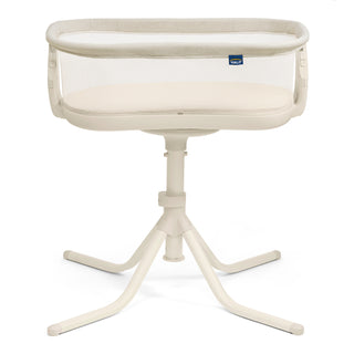 The HALO® BassiNest® Swivel Sleeper 4.0 Signature features breathable mesh sides, a sturdy four-legged base, a soft sleeping area, and a circular frame. Its 360° swivel design lets you easily access your baby at night.