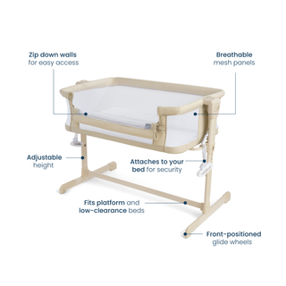 The HALO 2-in-1 Bedside Bassinet Sleeper features breathable mesh panels, zip-down walls, adjustable height, front glide wheels, and a platform base to fit low-clearance beds—offering secure and comfortable bedside sleeping.
