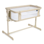 The HALO 2-in-1 Bedside Bassinet Sleeper features mesh sides, adjustable legs, and a sturdy rectangular frame for safe infant sleep, offering parents easy access and visibility throughout the night. Comes in beige.
