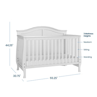 The Child Craft Camden 2-Piece Crib and DreamWeave Set in Matte White features slatted sides, a curved headboard, and baby-safe design with 3 mattress heights. Dimensions: 44.25"H x 30.75"D x 55.25"W.