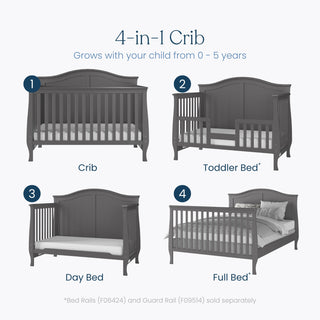 Four cool grey beds—a crib with a Child Craft DreamWeave breathable mattress, toddler bed with side rail, day bed, and full bed—arranged in a grid. Text highlights the Camden 2-Piece Crib is a 4-in-1 convertible from Child Craft.