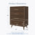 The Child Craft Cranbrook 3 Piece Nursery Set features a brown dresser with gold handles. Shown is a four-drawer unit (45