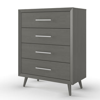 The Child Craft Cranbrook 4 Drawer Chest in Lunar Gray features a modern wooden design with sleek metal handles and angled legs, perfect for nursery or bedroom use. Photographed on a white background, its mid-century style suits any décor.
