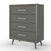 The Child Craft Cranbrook 4 Drawer Chest in Lunar Gray features a modern wooden design with sleek metal handles and angled legs, perfect for nursery or bedroom use. Photographed on a white background, its mid-century style suits any décor.