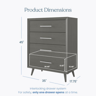The Child Craft Cranbrook 4 Drawer Chest in Lunar Gray is a mid-century modern dresser, ideal for nurseries, measuring 45"H x 35"W x 17.75"D. One drawer size: 29.49"W x 6.42"H x 13.46"D.