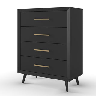 The Child Craft Cranbrook 4-Drawer Chest - Ebony is a modern black dresser with gold handles and angled legs, photographed on a white background—ideal for stylish nursery furniture or adding Mid-Century Modern flair to any space.
