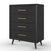 The Child Craft Cranbrook 4-Drawer Chest - Ebony is a modern black dresser with gold handles and angled legs, photographed on a white background—ideal for stylish nursery furniture or adding Mid-Century Modern flair to any space.