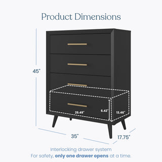 The Child Craft Cranbrook 4-Drawer Chest - Ebony is a Mid-Century Modern dresser with gold handles and angled legs, measuring 45"H x 35"W x 17.75"D, offering spacious storage—perfect for nursery or bedroom use.