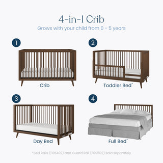 A graphic displays the Child Craft Cranbrook 3 Piece Nursery Set, featuring a dark wood crib that converts into a toddler bed, day bed, and full bed. Text reads: 4-in-1 convertible crib—grows with your child from birth to age 5.
