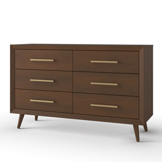 The Child Craft Cranbrook Double Dresser, Toasted Chestnut, is a sleek six-drawer Mid-Century Modern dresser with gold handles and angled legs—ideal as stylish nursery furniture against a crisp white backdrop.