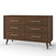 The Child Craft Cranbrook Double Dresser, Toasted Chestnut, is a sleek six-drawer Mid-Century Modern dresser with gold handles and angled legs—ideal as stylish nursery furniture against a crisp white backdrop.