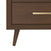 A close-up of the Child Craft Cranbrook Double Dresser in Toasted Chestnut highlights its elegant mid-century modern design with an angled leg and brass drawer handle—an ideal nursery furniture piece.