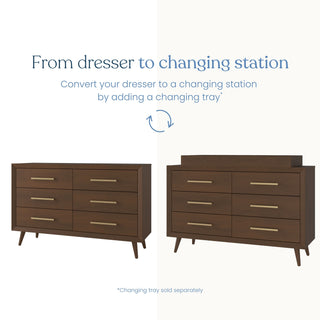 Side-by-side images show the Child Craft Cranbrook Double Dresser in Toasted Chestnut used as a dresser and as a changing station with a tray, illustrating its easy conversion from classic storage to nursery function. Text highlights its seamless versatility.