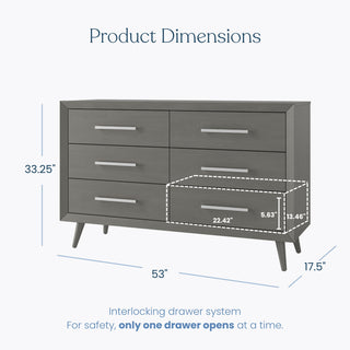 The Child Craft Cranbrook Double Dresser in Lunar Gray is a mid-century modern piece with six drawers and slanted legs. Measuring 33.25”H x 53”W, it's perfect for nurseries—only one drawer opens at a time for safety.